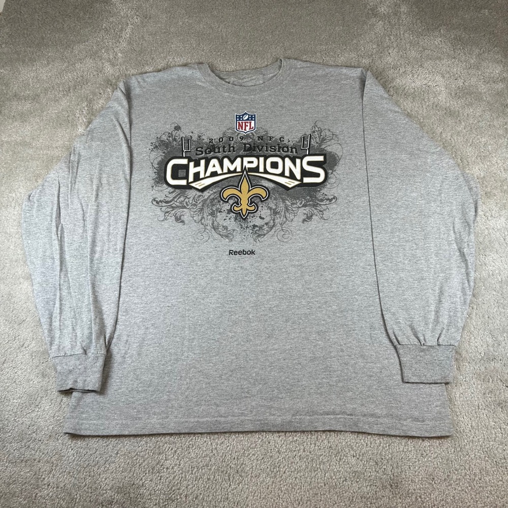 Reebok New Orleans Saints Shirt Mens L Gray 2009 NFC South Champions Long Sleeve